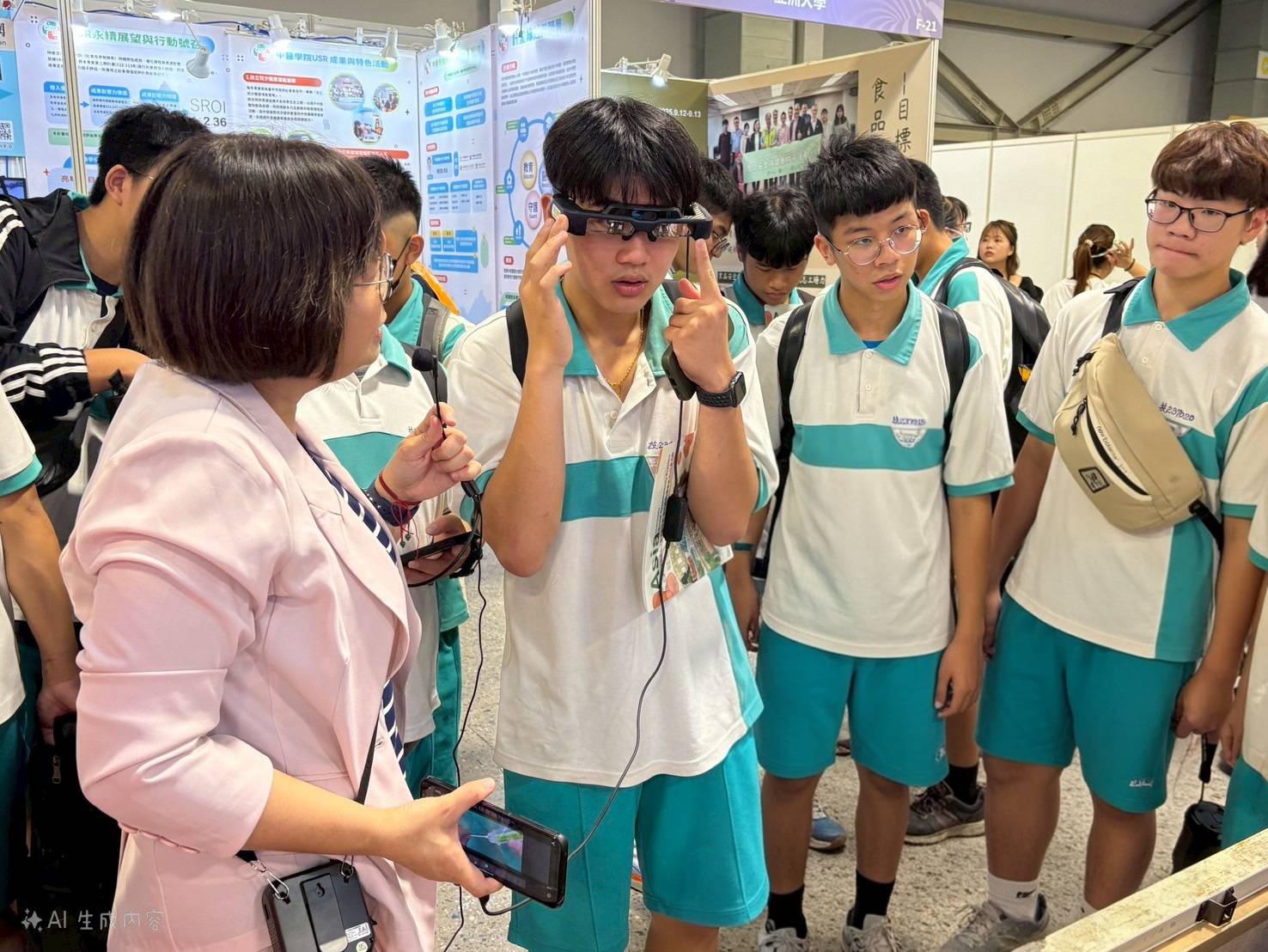 宜兰头城家商学生，到亚大护理学院USR计画摊位，体验扩增实境AR眼镜。