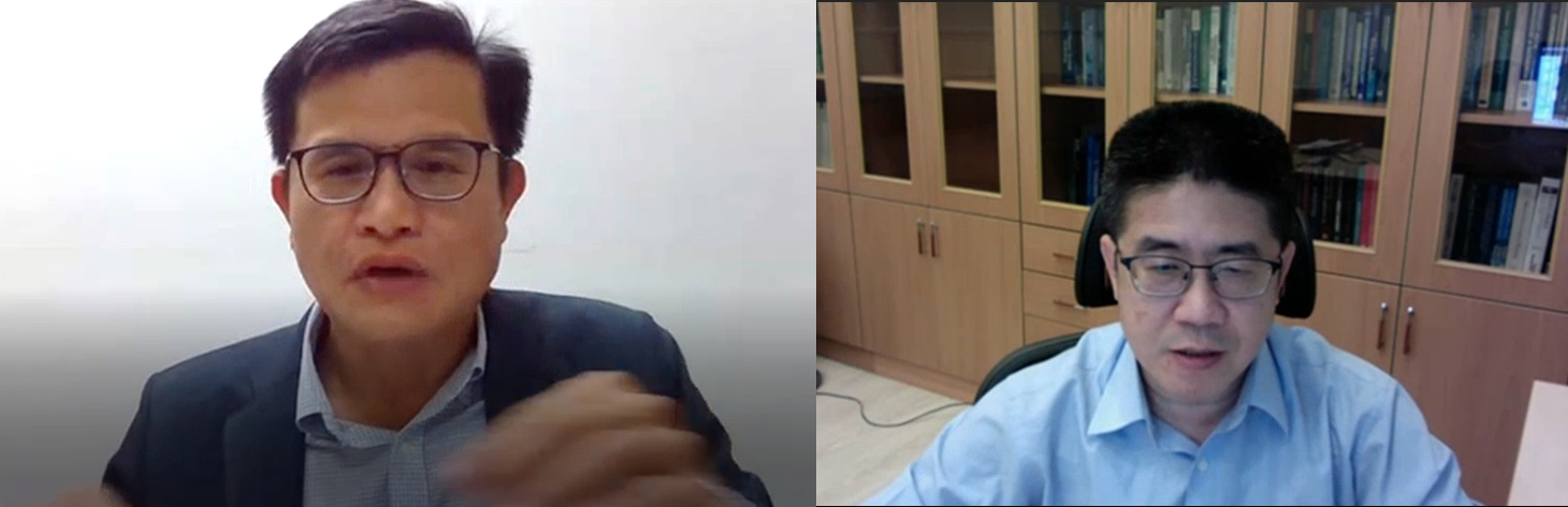 亞大學務長張少樑（左）分享學校，並與國立台灣大學的童慶彬教授（右）就學校推動SDGs整合的政策熱烈討論。