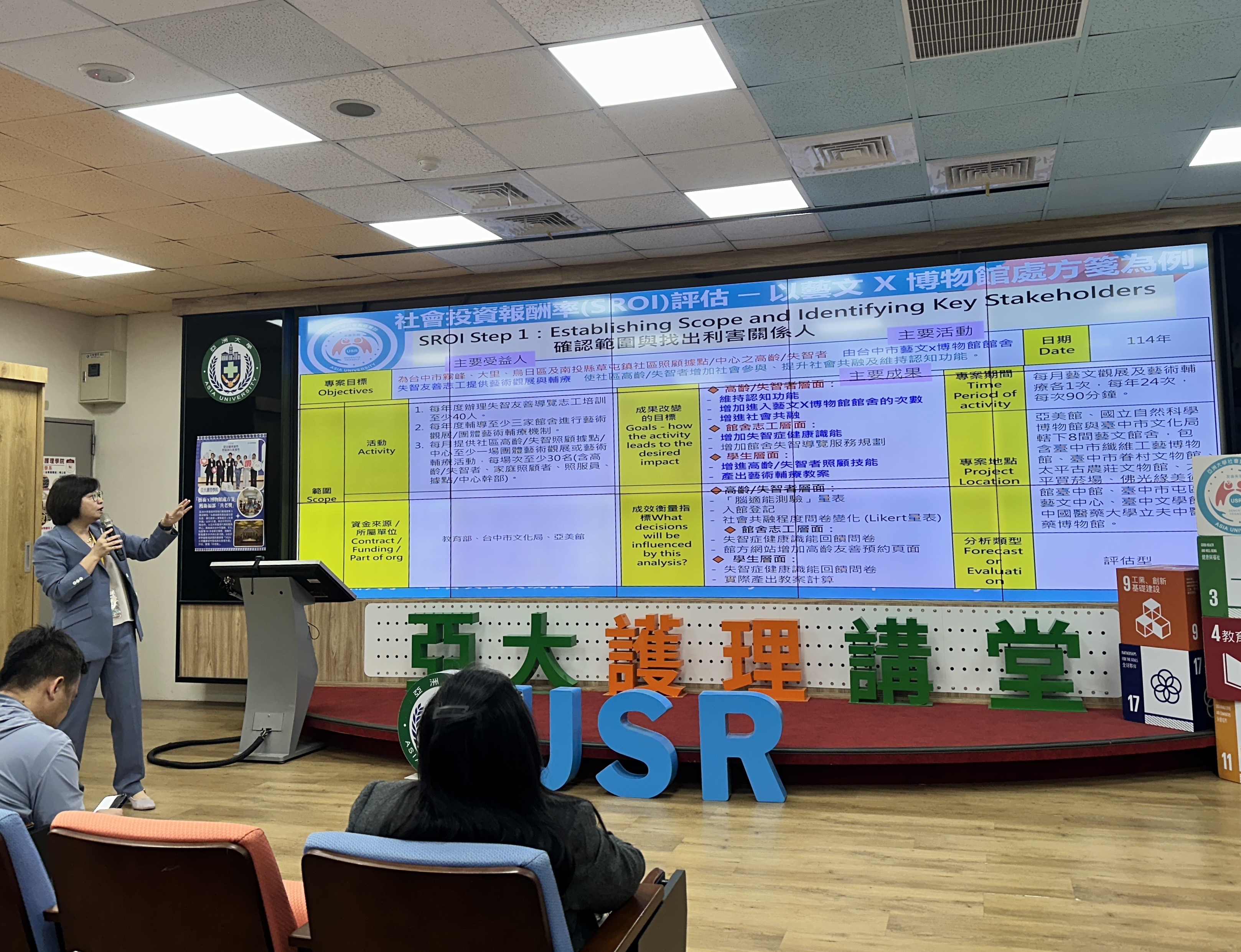 圖說：亞洲大學護理學院吳樺姍院長分享以SROI六步驟衡量「高齡失智友善藝文×博物館處方箋」社會實踐之影響力。